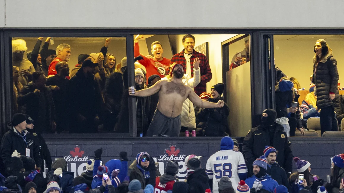 Drinking and shirtless, Jason Kelce – aka Chiefs’ ‘No. 1 hype man’ – steals the show during win against Bills